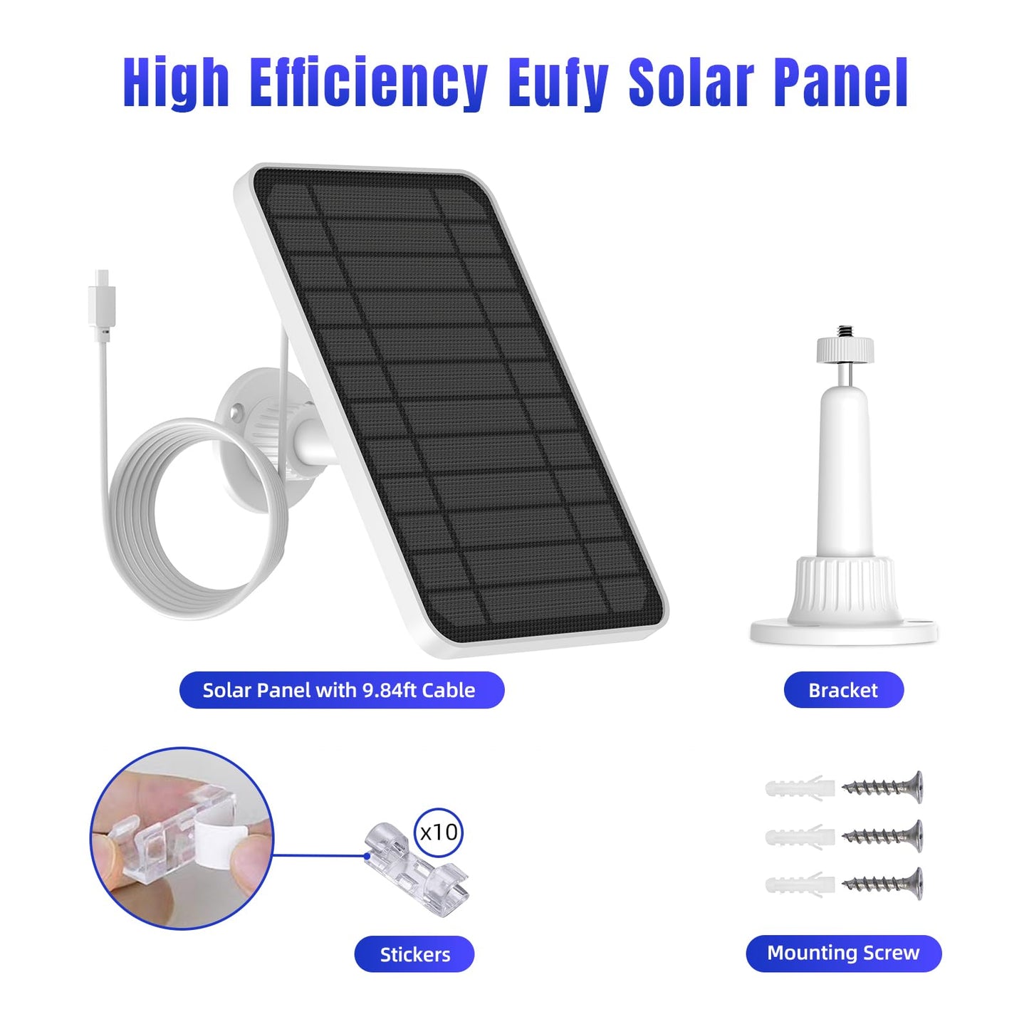 5V 5W Solar Panel for Eufycam 2C/ 2C Pro/ 2/2 Pro/ E20/ E40/ E, Micro USB and USB-C Port, IP67 Waterproof Solar Panel with 9.84 Charging Cable & Wall Mount, 1 Pack
