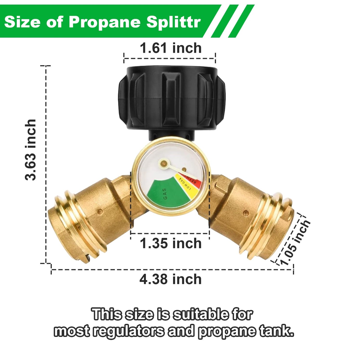 Propane Tank Y Splitter Adapter with Gauge, Propane Tank Gauge Connector with Shut-Off Valve - LP Gas Adapter Tee Connector for Heaters, Camping Stoves, BBQ Grills, Gas Burners