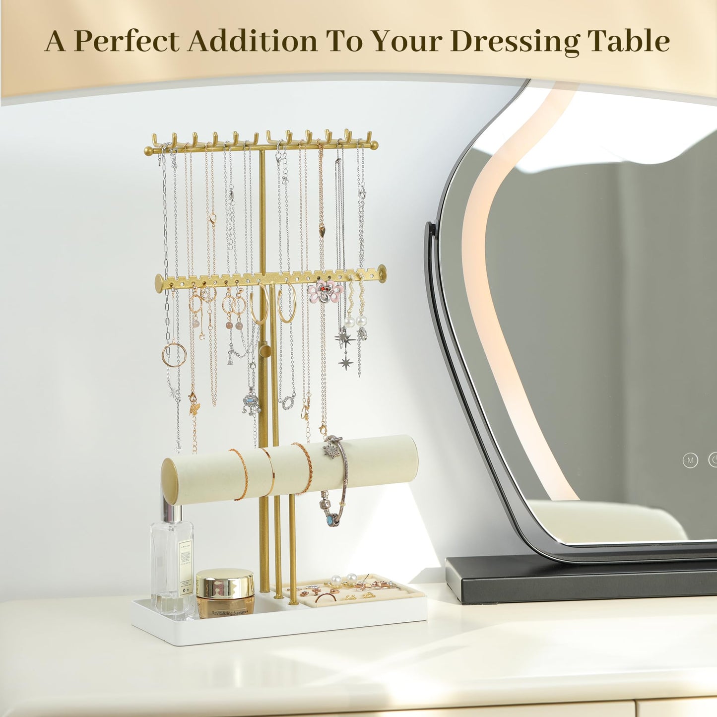 Tirzah 3-Tier Adjustable Jewelry Holder Organizer Stand with 20 Necklace Hooks, 18 Earring Holes and Notches, Bracelet Holder, 6 Ring Rolls, and Jewelry Tray for Girls, Women