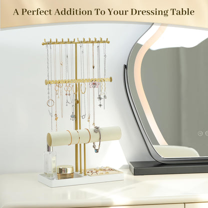 Tirzah 3-Tier Adjustable Jewelry Holder Organizer Stand with 20 Necklace Hooks, 18 Earring Holes and Notches, Bracelet Holder, 6 Ring Rolls, and Jewelry Tray for Girls, Women