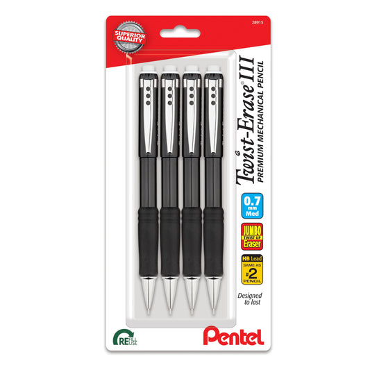 Pentel Twist-Erase III Mechanical Pencil, (0.7mm), Medium Line, Black Barrel, Pack of 4 (QE517BP4A)