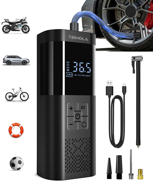 TEMOLA Tire Inflator Portable Air Compressor, Air Pump for Car Tires 150PSI Cordless Air Compressor Portable with Pressure Gauge, Electric Tire Pump Car Accessories for Motorcycle Bicycle