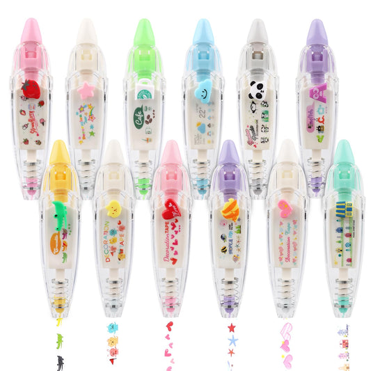 12pcs Decorative Tape Pen, Cute Animals Press Type Decorative Pen Tape Roller Pen DIY Creative Cartoon Correction Tape for Boy Girls Gift Teacher Class Rewards (12 Themes)