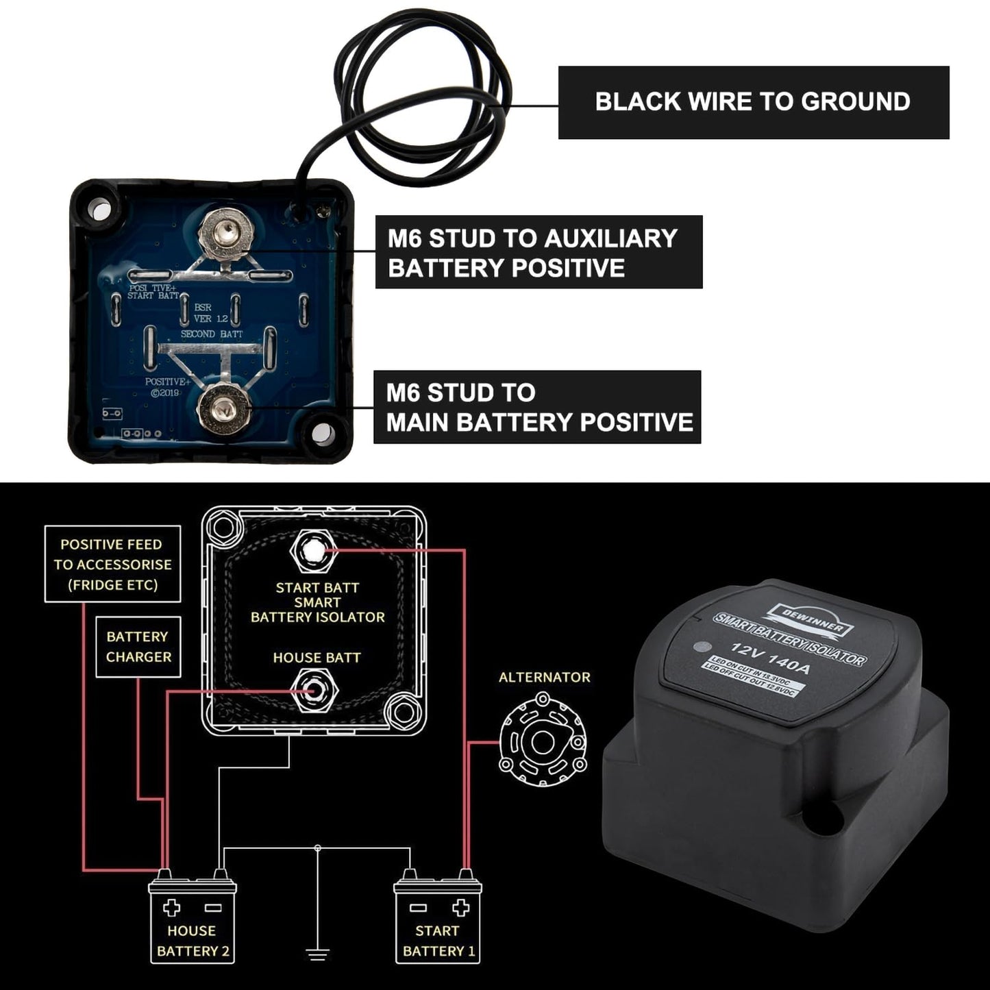Dual Battery Smart Isolator DEWINNER - VSR - 140 Amp 12 Voltage Sensitive Relay Specially Designed for ATV, UTV, Boats, RV's, Campers 5th Wheels Off Road Vehicles Rhino Polaris Artic Cat ETC