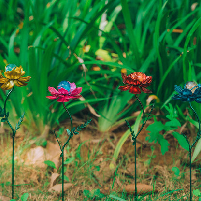 Viveta 4 Pack Flower Garden Stakes Decor, 12.9 inch Metal Flowers Outdoor Decor Waterproof Metal Flower Sticks for Patio, Lawn, Yard Decorations