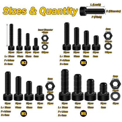 Mywish 900Pcs M3 M4 M5 M6 Metric Screws Assortment, Grade 12.9 Alloy Steel, Nuts and Bolts Hex Socket Head Cap Metric Bolts & Nuts & Flat Washers Kit, Black Zinc Plated, Anti Rust Machine Screws