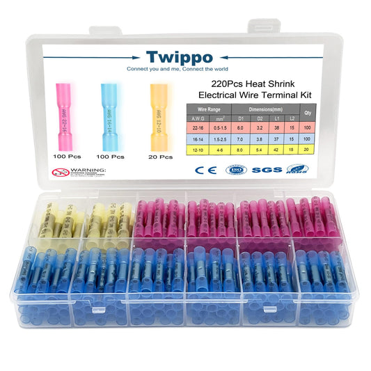 Twippo 220Pcs But Terminal Connectors Waterproof Heat Shrink Wire Connectors Automotive Electrical Connector Terminals Kit Crimp Connectors (22-10 Gauge)