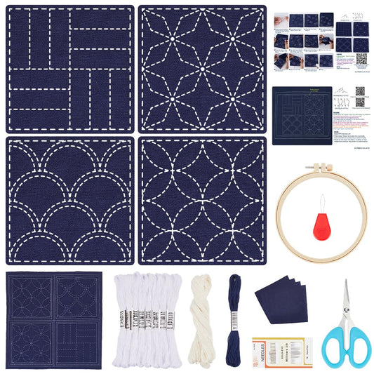 FREEBLOSS 4 Set Sashiko Coasters DIY Kit with Instructions Pre- Printed Sashiko Kit for Beginners Sashiko Practice Project Traditional Embroidery Kit Sashiko Printed Cloth Coaster for Housewarming