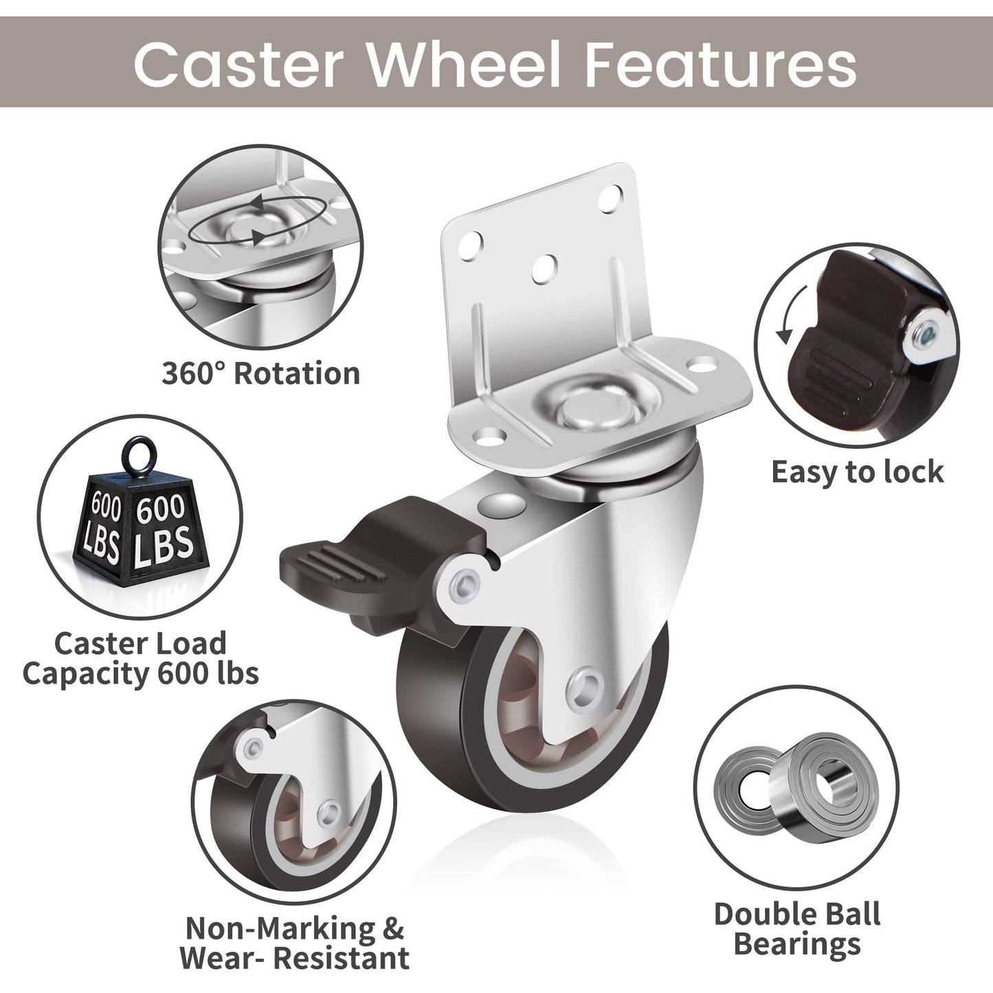 Nefish Side Mount Casters 2 Inch L-Shaped Small Rubber Caster Set of 4 with Load Capacity 600 LBS, Ball Bearing 360 Degree Plate Swivel Castors Wheel for Furniture, Baby Bed, Kitchen, Cabinet, Table