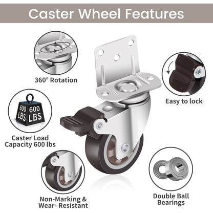 Nefish Side Mount Casters 2 Inch L-Shaped Small Rubber Caster Set of 4 with Load Capacity 600 LBS, Ball Bearing 360 Degree Plate Swivel Castors Wheel for Furniture, Baby Bed, Kitchen, Cabinet, Table