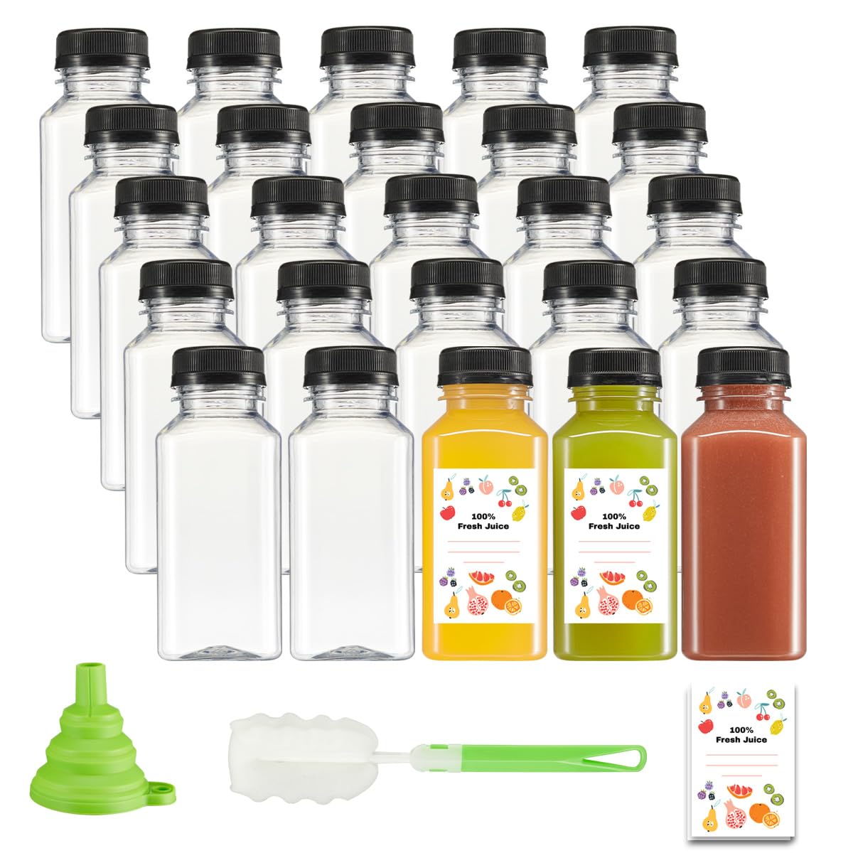 GUSTO [8 oz. - 25 Count] Reusable Juice Bottles With Caps, Labels, Brush, and Silicone Funnel - Clear Bottles with Caps, Juice Containers with lids, for All Beverages - Formerly Comfy Package