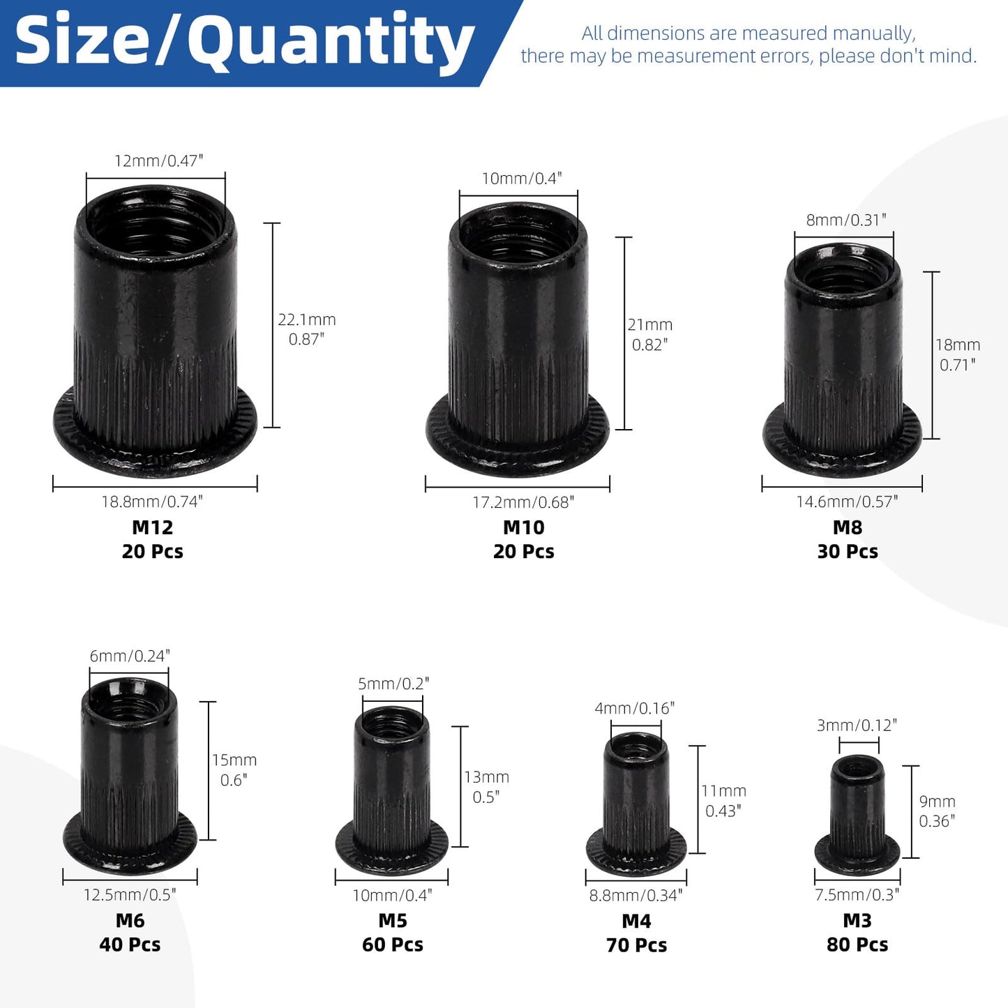Glarks 320Pcs Metric Rivet Nuts Kit M3 M4 M5 M6 M8 M10 M12 Rivet Nuts Black Zinc Plated Carbon Steel Flat Head Rivnut Threaded Insert Rivet Nuts Assortment Set