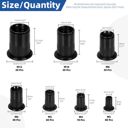 Glarks 320Pcs Metric Rivet Nuts Kit M3 M4 M5 M6 M8 M10 M12 Rivet Nuts Black Zinc Plated Carbon Steel Flat Head Rivnut Threaded Insert Rivet Nuts Assortment Set