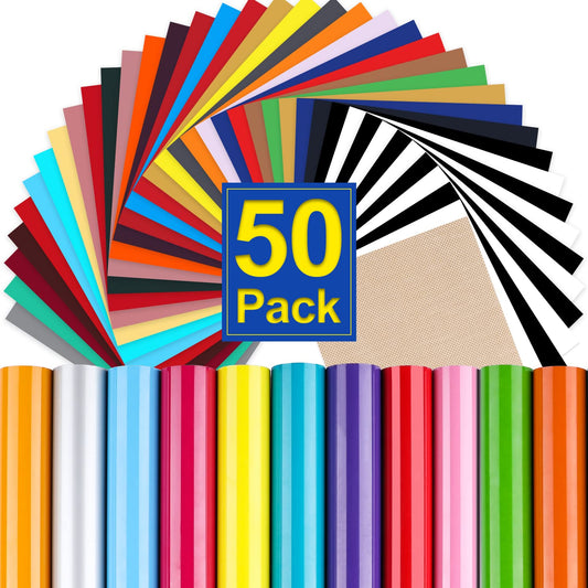 FURWEY Heat Transfer Vinyl HTV Bundle 10"x12" - 50 Pack Assorted Colors HTV Vinyl, Iron On Vinyl for Cricut & Silhouette Cameo, Bonus Teflon for Heat Press Machine