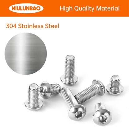 NIULUNBAO M8 x 10mm 12mm 16mm 20mm 25mm Button Head Socket Cap Screws Bolts, 304 Stainless Steel, Metric Allen Hex Drive, Machine Fully Threaded, Assortment Kit 50PCS