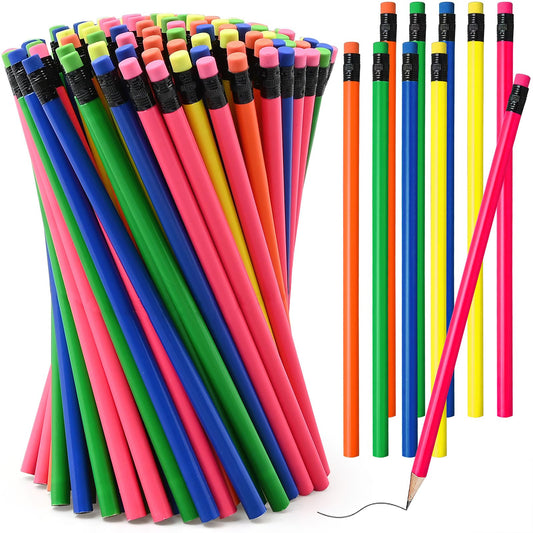 150 Pieces Neon Wood Pencils Colorful Round Pencils with Top Erasers Kids Birthday Goody Bag Bulk Filler for Exams, School, Office, Sketching and Learning Activities