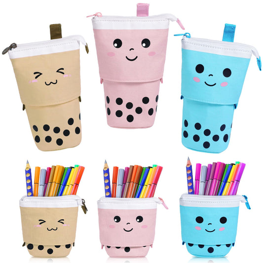 3 Pack Cute Pencil Case Standing Pen Holder Standing Pencil Case Cute Telescopic Kawaii Stationery Pouch Makeup Cosmetics Bag for School Students Office Teens Girls Boys (Pink Brown Blue)