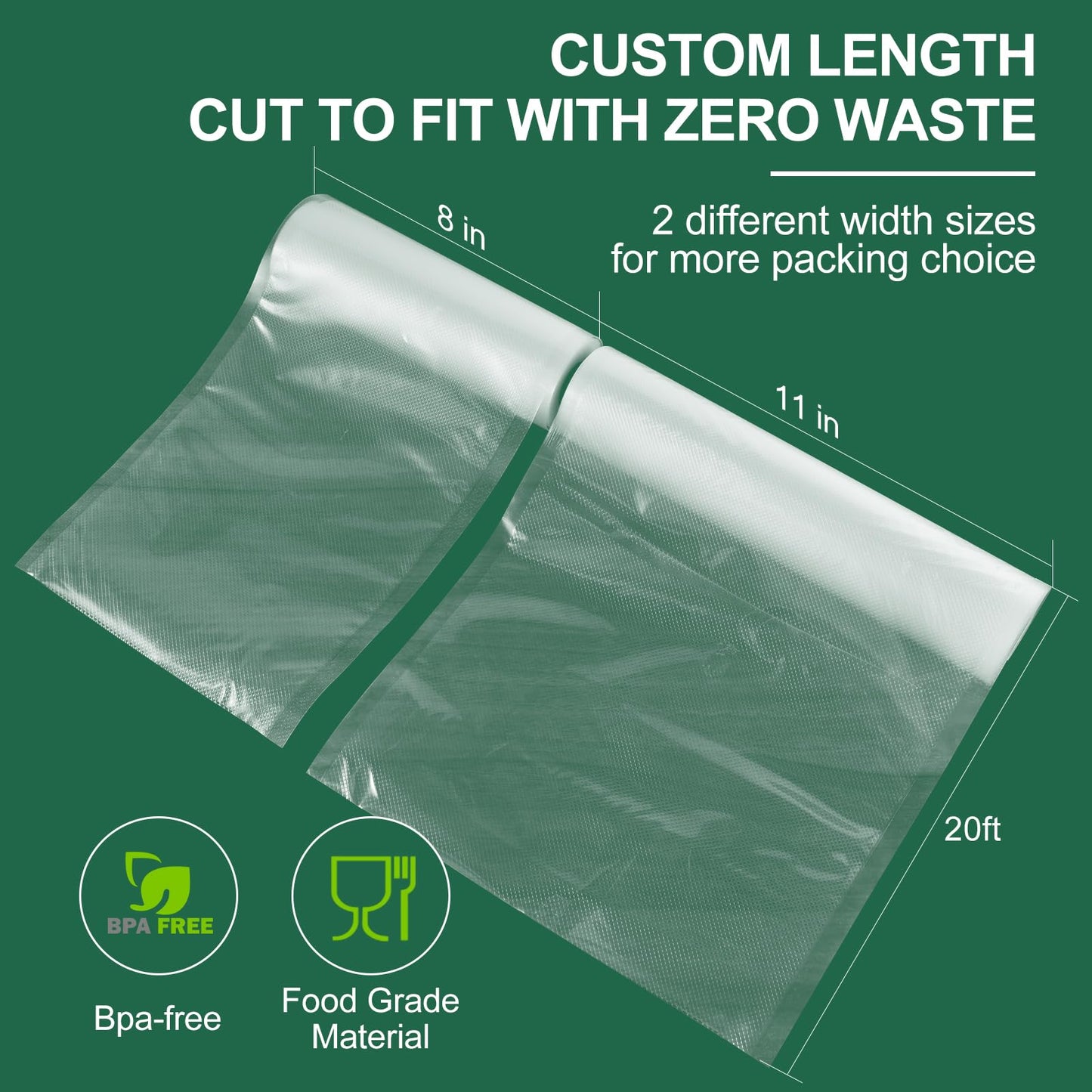 Vacuum Sealer Bags, 6 Pack 3 Rolls 11" x 20' + 3 Rolls 8" x 20' Food Sealer Bags, Food Grade, BPA Free, Customized Size Vcuum Bag for Vac Storage, Meal Prep or Sous Vide Cooking