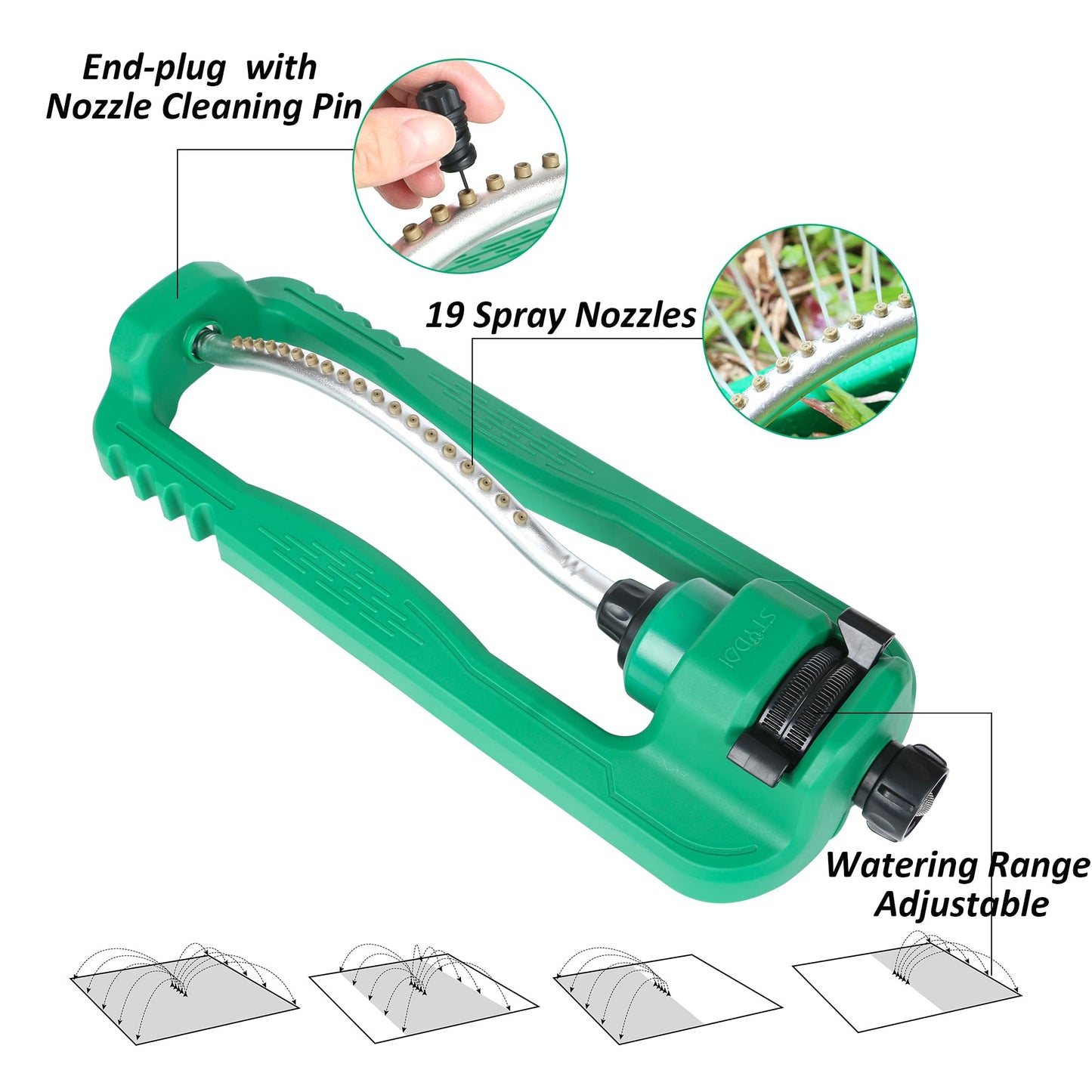 STYDDI Turbo Oscillating Sprinkler, Adjustable Rectangular Lawn Sprinklers for Yard with Stable Base, 19 Precision Nozzles Garden Sprinkler for Small to Medium Areas, Covers up to 3,800 sq. ft.