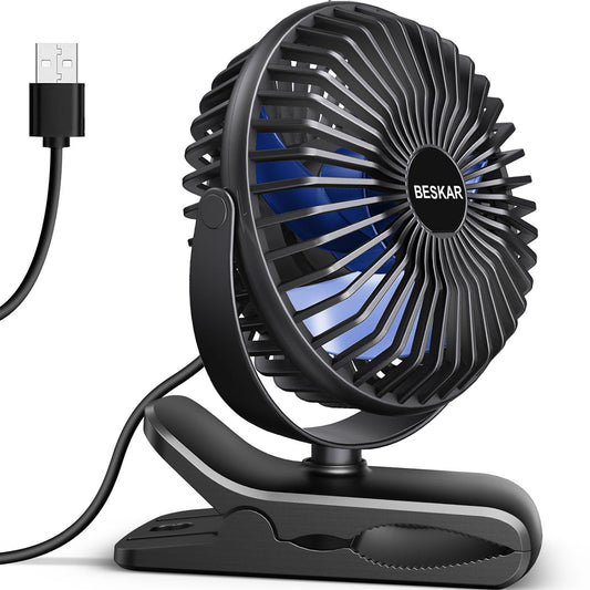 BESKAR USB Powered Clip on Fan, Portable Small Fan with Cord, 3 Speeds Strong Airflow, Personal Fan with Sturdy Clamp, Quiet Desk Fan & Clip Fan