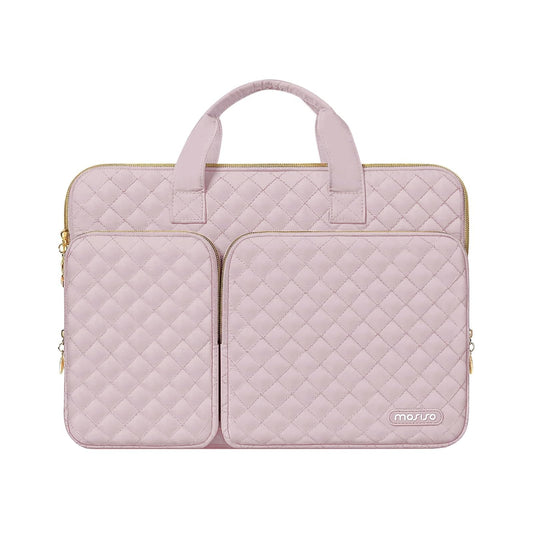 MOSISO 360 Protective Laptop Case 13.3 inch, 13-13.3 inch Laptop Sleeve Compatible with MacBook Air/Pro 13/Pro 14,HP Dell ASUS Lenovo, Square Quilted Bag Cover with 2 Pockets&Handle&Belt,Pink