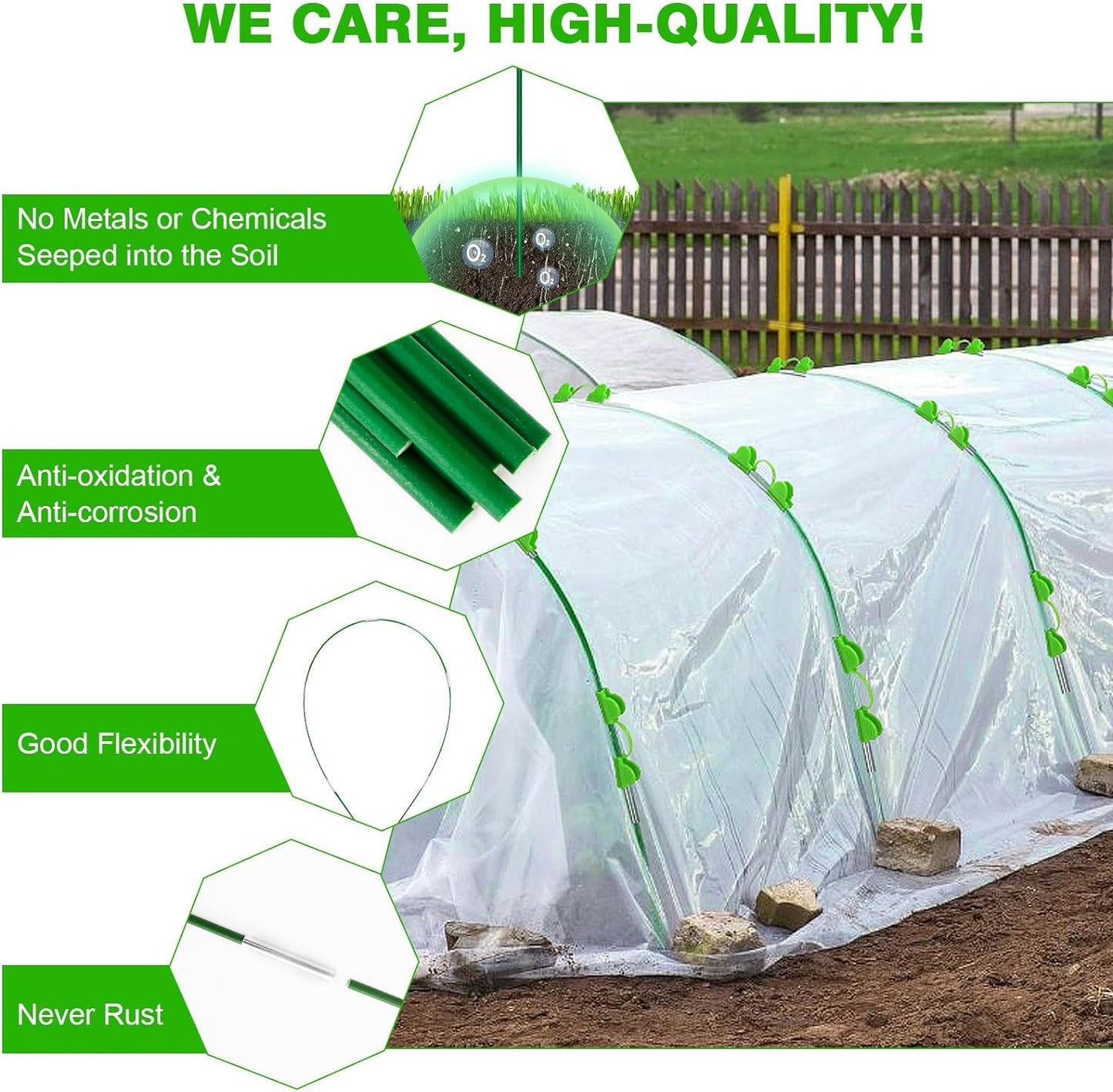Greenhouse Hoops for Raised Beds, 36pcs 8ft Garden Hoops Tunnel for Row Cover Netting, Bendable Plant Cover Gardening Support Frame Kit, Fiberglass Garden Rods Supplies for Raised Beds, 24pcs Clips
