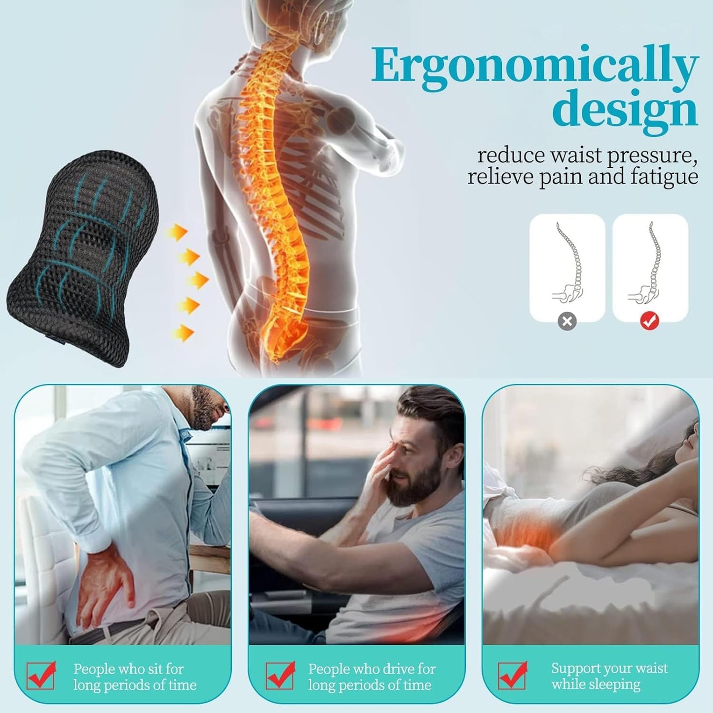 Lumbar Support Pillow,Memory Foam Back Cushion for Lower Back Pain Relief,Ergonomic Lumbar Support Cushion- for Car,Airplane,Office Chair (Black)