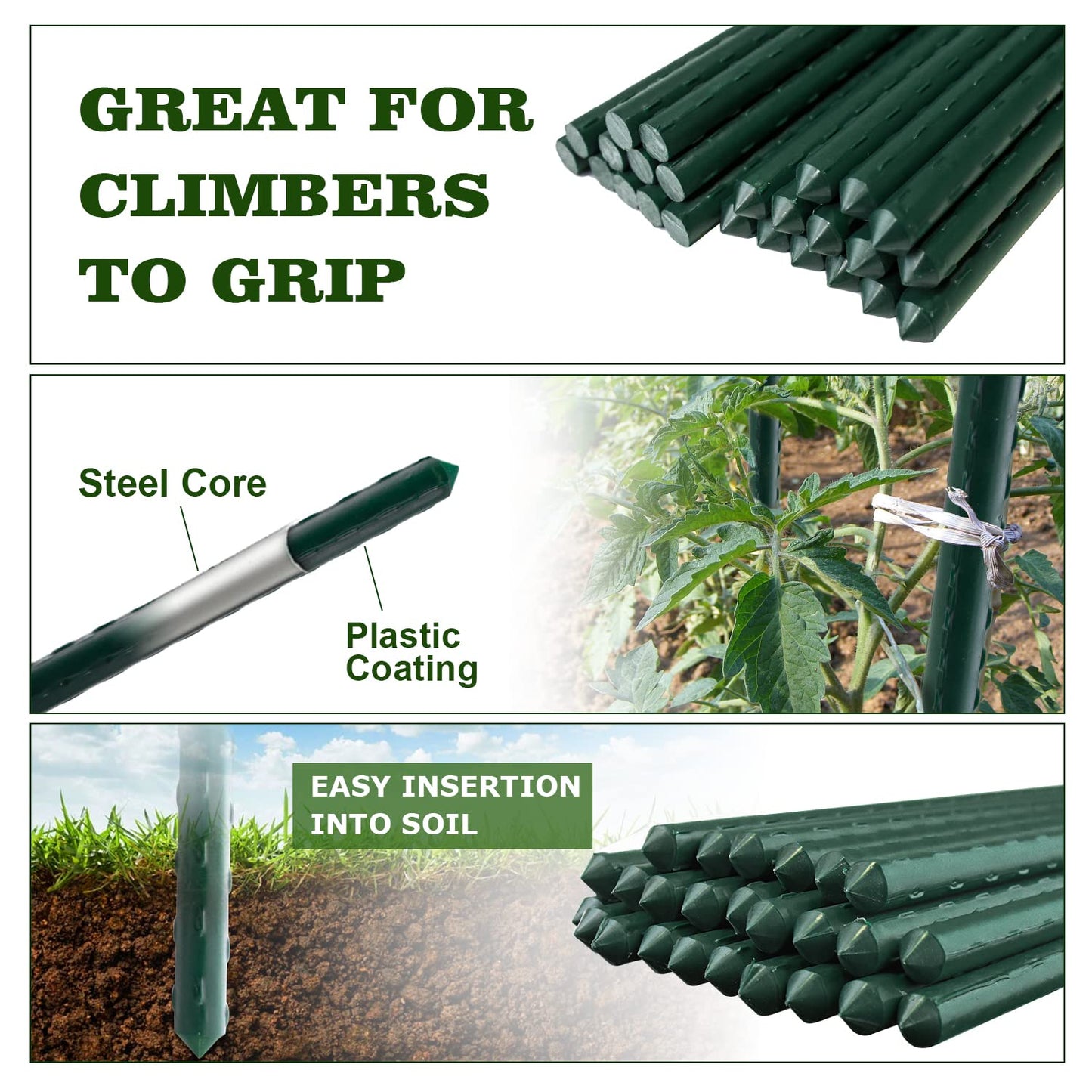 Jollybower 25pcs Steel Plant Stakes 3 Feet, Plastic Coated Metal Garden Stakes Supports Climbing for Tomato, Bean, Flowers, Tree Potted