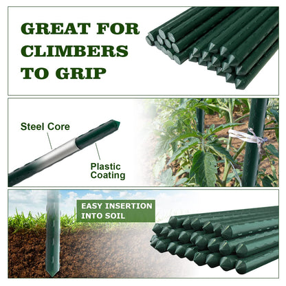 Jollybower 25pcs Steel Plant Stakes 3 Feet, Plastic Coated Metal Garden Stakes Supports Climbing for Tomato, Bean, Flowers, Tree Potted