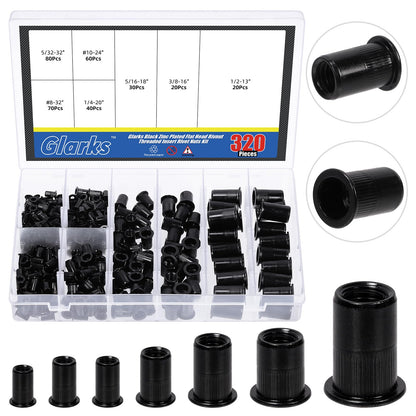 Glarks 320Pcs 5/32"-32UNC 8-32UNC 10-24UNC 1/4"-20UNC 5/16"-18UNC 3/8"-16UNC 1/2"-13UNC Rivet Nuts Kit Black Zinc Plated Carbon Steel Flat Head Rivnut Threaded Insert Rivet Nuts Assortment Set