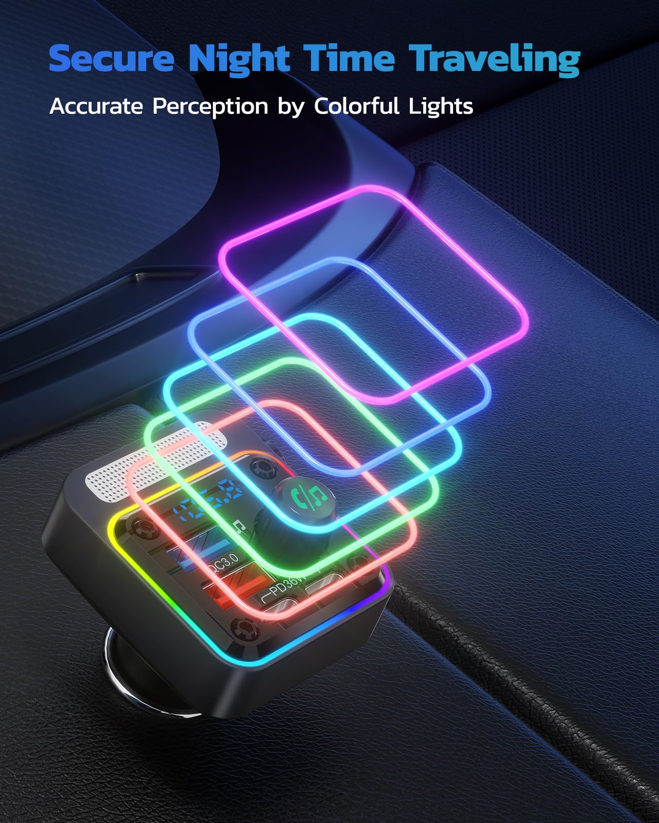Nulaxy 54W [PD 36W & QC3.0 18W] Bluetooth 5.3 Car Adapter with 4 Charging Ports, Wireless Radio FM Transmitter Audio Receiver with Deep Bass MP3 Music Player, 5 Colors LED Backlit, Hands-Free Calling
