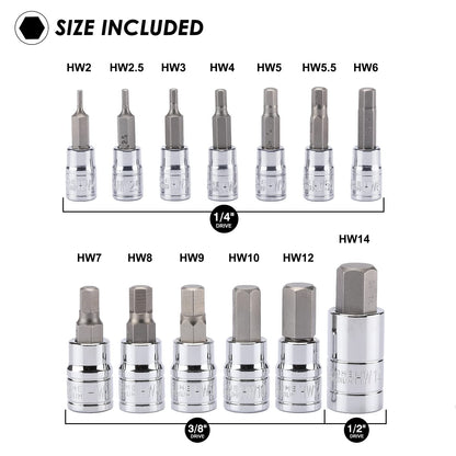 MIXPOWER 13 Piece Hex Bit Socket Set, S2 Steel Bit Socket Tool Kit, Metric, 2mm-14mm, Allen Bit Socket Kit