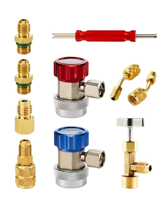 Orion Motor Tech AC Adapter Tool kit, 8-Piece AC Gauge Hose Conversion Adapters Including R134A Can Tap, R134A Quick Couplers, R410 Adapters, Tank Adapter and Valve Core Remover