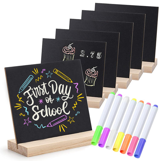 Double-Sided Small Chalkboard Signs - Set of 6 with Stand & 7 Liquid Chalk Markers | Vintage Decorative Mini Tabletop Message Boards for Home & Events (6" X 5" - Set of 6)