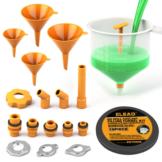 ELEAD No-Spill Coolant Funnel Kit - 19-Piece Radiator Funnel burping kit, coolant Bleeder kit, Extra Funnels and Adapters for Universal Vehicle
