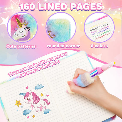 Unicorn Diary with Lock Key Fluffy Secret Notebook Travel Journal With Wallet Pen Stickers Bracelet Fluffy Keyring, Unicorn Toys Gifts for Girls Kids Birthday Christmas