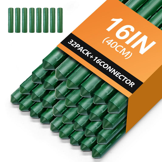 Garden Stakes 16 Inch, 32PCS Plant Stakes Support with 16PCS Connector for Gardening, Heavy Duty DIY Plastic Coated Metal Garden Stakes Supports Climbing for Tomatoes, Flower, Grapes, Bean
