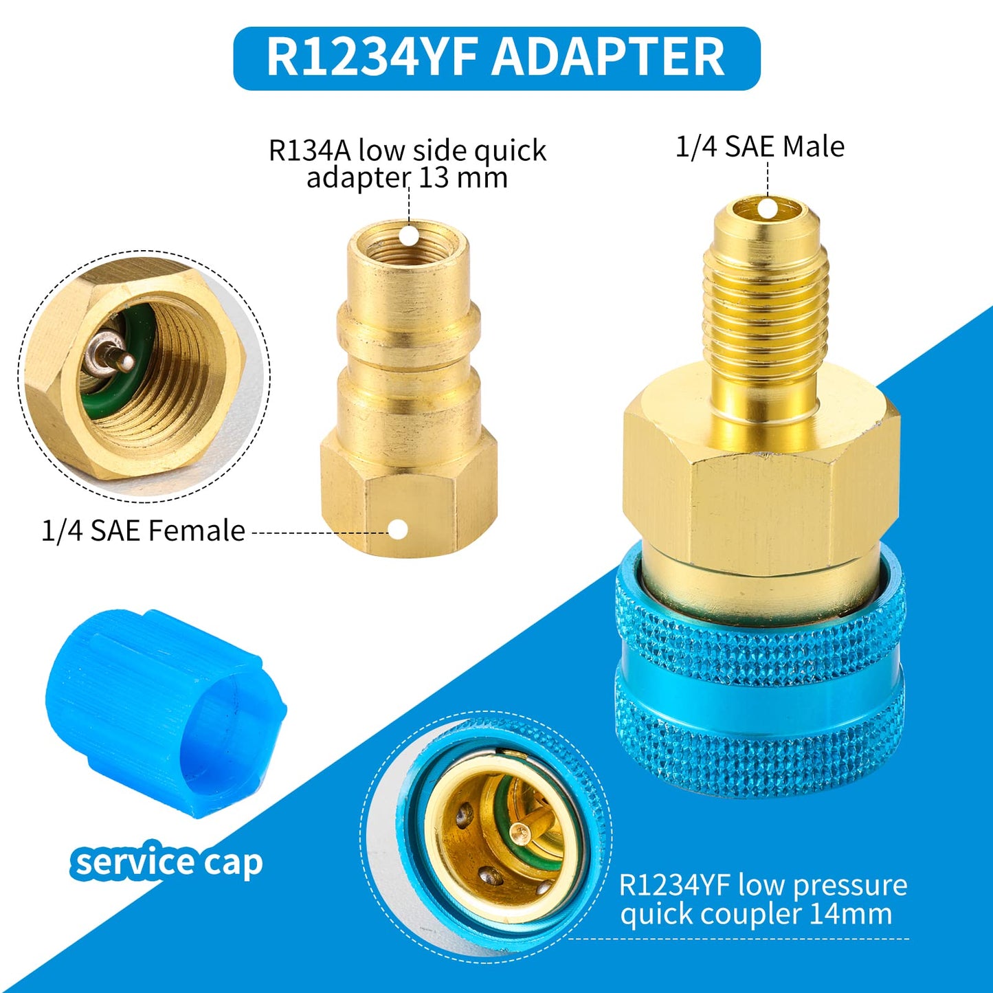 Tigbear R1234yf Quick Couplers Kit, R1234YF to R134A Quick Coupler Adapter, High/Low Side Quick Coupler R1234YF AC Charging Hose Adapter Fitting Connector for Car Conditioner AC Charging