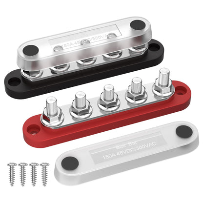 DAIERTEK Power Distribution Block with Cover 5 x 1/4" Studs Bus Bar Terminal Block Max 150A 48V DC 300V AC Positive & Negative for Automotive Car Marine