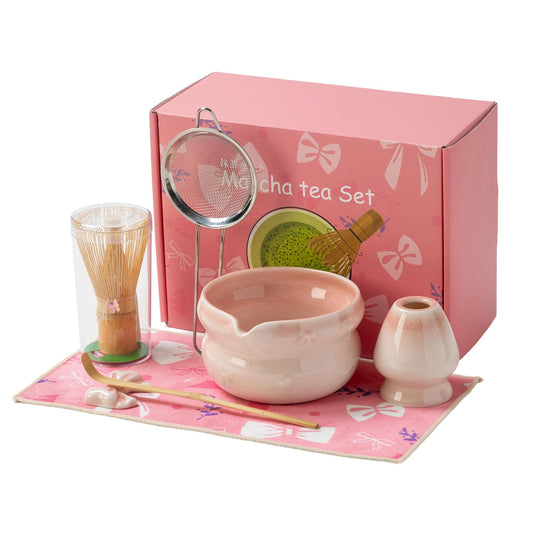 DWEHIXBUY Matcha Kit 7-Pcs matcha whisk set, Measuring Spoon, Japanese Tea Making Tools,Cha, tea bowl, pink matcha set (pink)