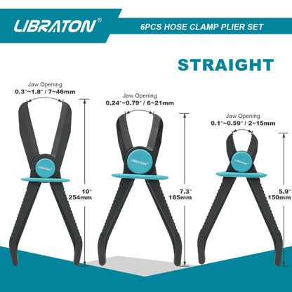Libraton Hose Clamp Pliers Set - 6pcs Straight & 90° Pinch Off Pliers, Line Clamps for Brake, Fuel, Coolant, Flexible, Radiator, and Gas Lines