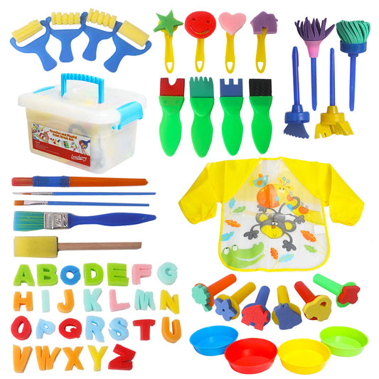 59pcs Kids Art & Craft Early Learning Painting Sponges Stamper Mini Paint Brushes Kit with 26 English Alphabets Drawing Tools (with Apron&Box)