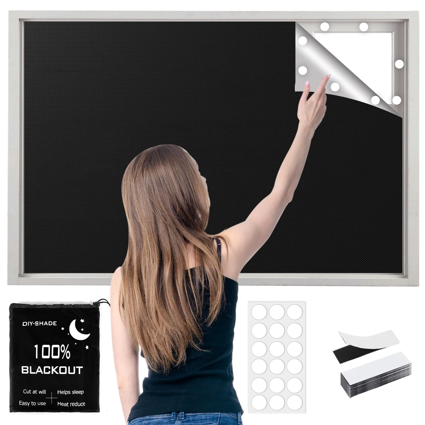 420D Blackout Curtains for Bedroom, 300x145 cm Portable Blackout Blinds with 12 Hook and Loop & 18 Adhesive for 100% Black-Out Window Film, Temporary Black Out Shades for Windows Cover Travel