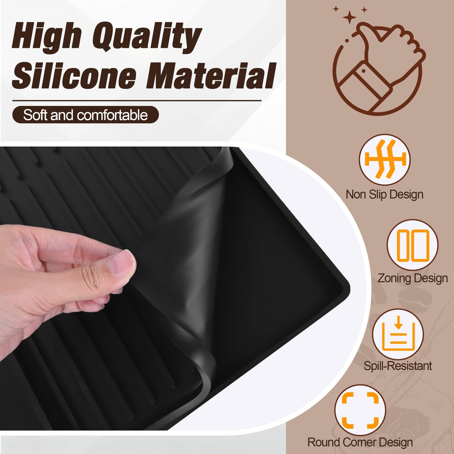 Tottist Silicone Coffee Mat, 24-in x 16-in Coffee Bar Mat with Removable Dishwasher Drying Mat for Countertops, Coffee Bar Accessories Fit Under Coffee Maker Espresso Machine, Dish Drying Mat (Black)