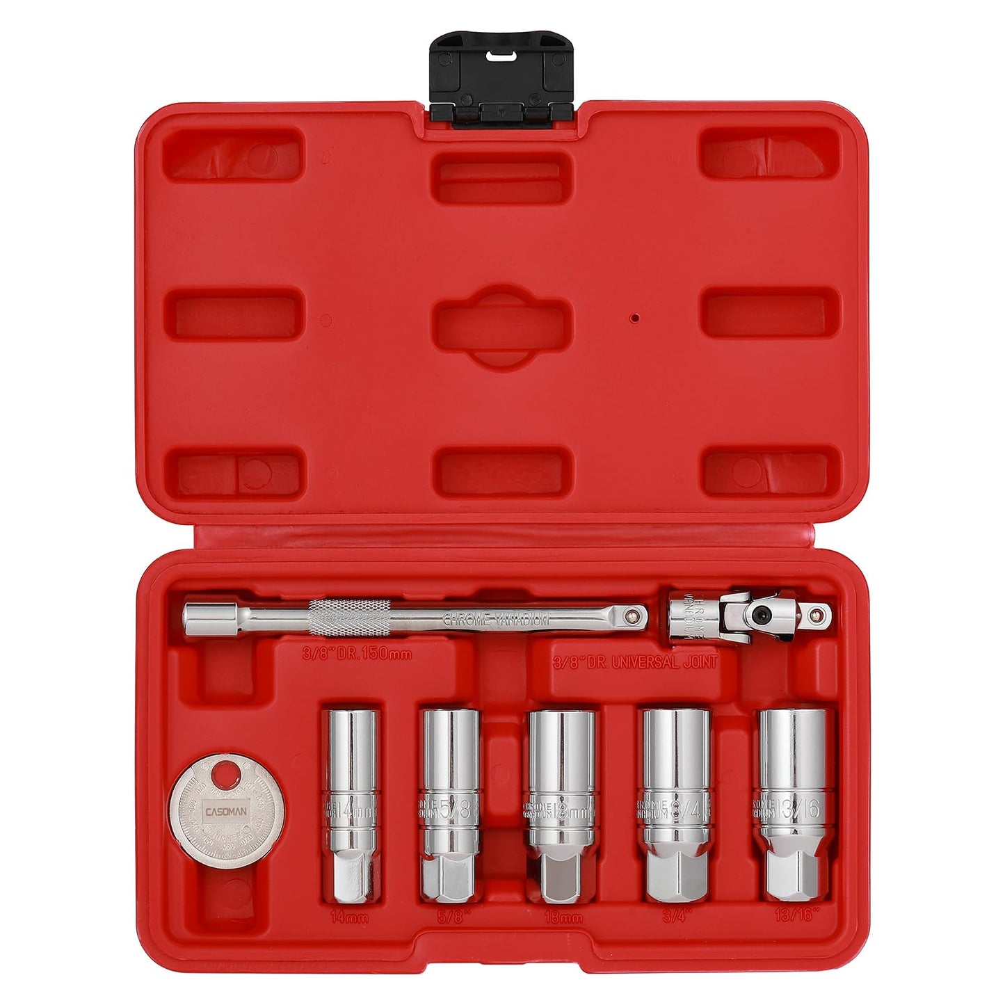 CASOMAN 3/8" Dr. Spark Plug Socket Set, 6-Point, Include 6-Inch Extension Bar, Unviersal Joint & Spark Plug Gapper, 8Piece Set, CR-V Steel