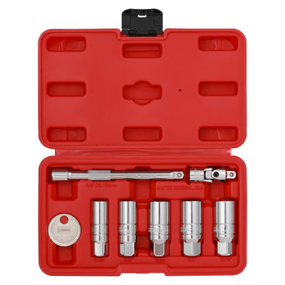 CASOMAN 3/8" Dr. Spark Plug Socket Set, 6-Point, Include 6-Inch Extension Bar, Unviersal Joint & Spark Plug Gapper, 8Piece Set, CR-V Steel