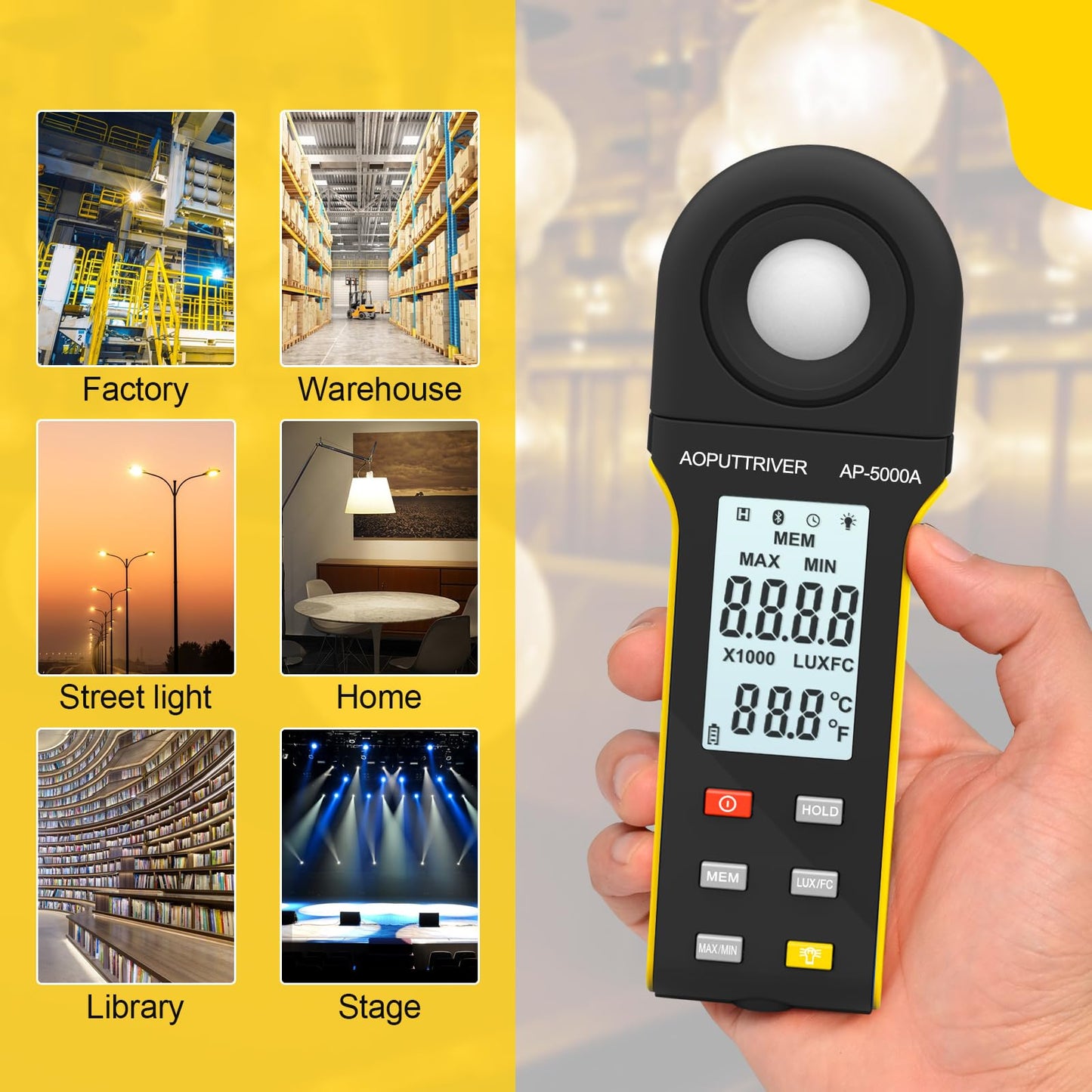 Light Meter Lux Meter Logger,Digital Lumen Tester Measure Range 0.1~400,000 Lux(0.1~40,000 FC) Foot Candle Luxometer with Rotatable Detector, Data Logging for Plant Grow Aquarium (AP-5000A
