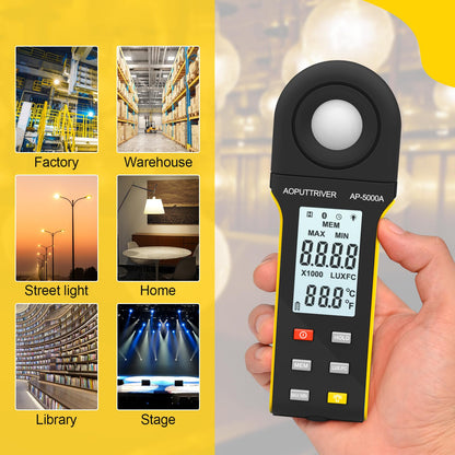 Light Meter Lux Meter Logger,Digital Lumen Tester Measure Range 0.1~400,000 Lux(0.1~40,000 FC) Foot Candle Luxometer with Rotatable Detector, Data Logging for Plant Grow Aquarium (AP-5000A