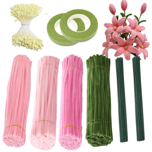 Naturezhen 400 Pcs Pipe Cleaner Flowers Craft kit, Thick Fuzzy Chenille Stem with Green Floral Wires, Gardening Tape for Lily DIY Craft Flower Projects