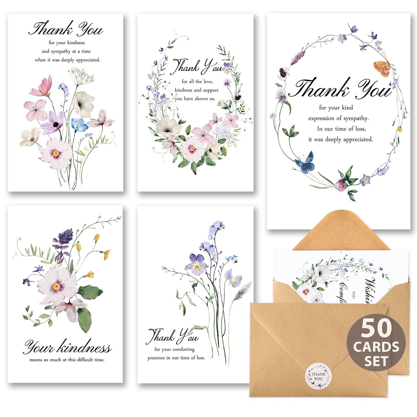 C2U Funeral Thank You Cards with Envelopes 4"x6",Stickers & Message Inside - Wildflower Bereavement Sympathy Thank You Cards for Funeral Family Friends Loved Ones (50 Wildflower Cards)